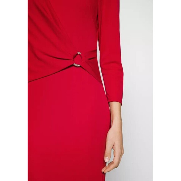 Lauren Ralph Lauren womens solid red sheath dress Size 4 gold ring 3/4 sleeve - Picture 2 of 12